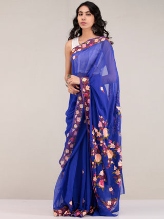Blue Aari Embroidered Georgette Saree From Kashmir - S031704676