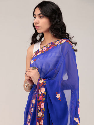 Blue Aari Embroidered Georgette Saree From Kashmir - S031704676