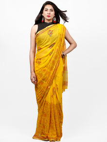 Yellow Orange  Hand Block Printed Chiffon Saree with Zari Border - S031703288