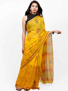 Yellow Orange  Hand Block Printed Chiffon Saree with Zari Border - S031703288
