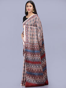 Ivory Indigo Red Ajrakh Hand Block Printed Modal Silk Saree - S031704222