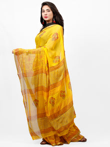 Yellow Orange  Hand Block Printed Chiffon Saree with Zari Border - S031703288