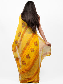 Yellow Orange  Hand Block Printed Chiffon Saree with Zari Border - S031703288