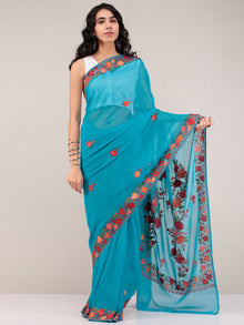 Blue Aari Embroidered Georgette Saree From Kashmir - S031704677