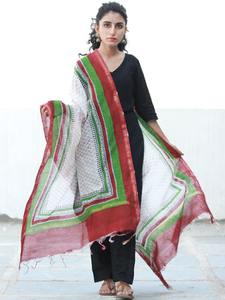 White Red Green Chanderi Hand Block Printed Dupatta - D04170502