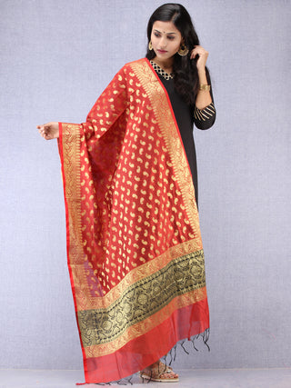 Banarasi Chanderi Dupatta With Zari Work - Red & Gold - D04170846