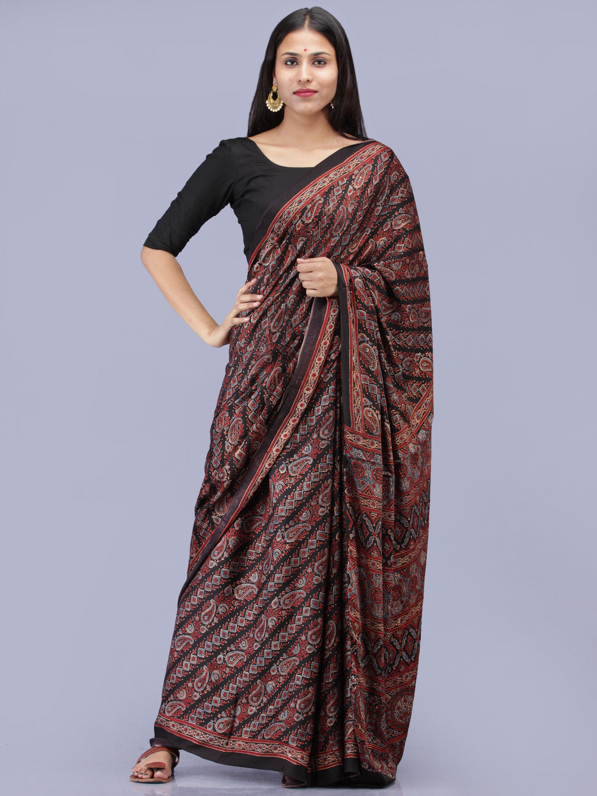 Black Maroon Indigo Ajrakh Hand Block Printed Modal Silk Saree - S031704223