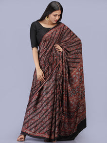 Black Maroon Indigo Ajrakh Hand Block Printed Modal Silk Saree - S031704223