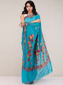 Blue Aari Embroidered Georgette Saree From Kashmir - S031704677