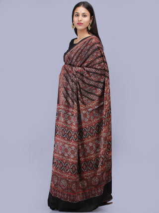 Black Maroon Indigo Ajrakh Hand Block Printed Modal Silk Saree - S031704223