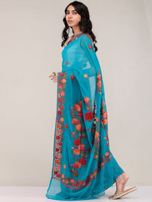 Blue Aari Embroidered Georgette Saree From Kashmir - S031704677