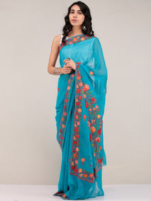 Blue Aari Embroidered Georgette Saree From Kashmir - S031704677