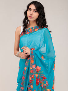 Blue Aari Embroidered Georgette Saree From Kashmir - S031704677