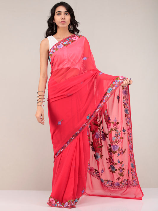 Red Aari Embroidered Georgette Saree From Kashmir - S031704678