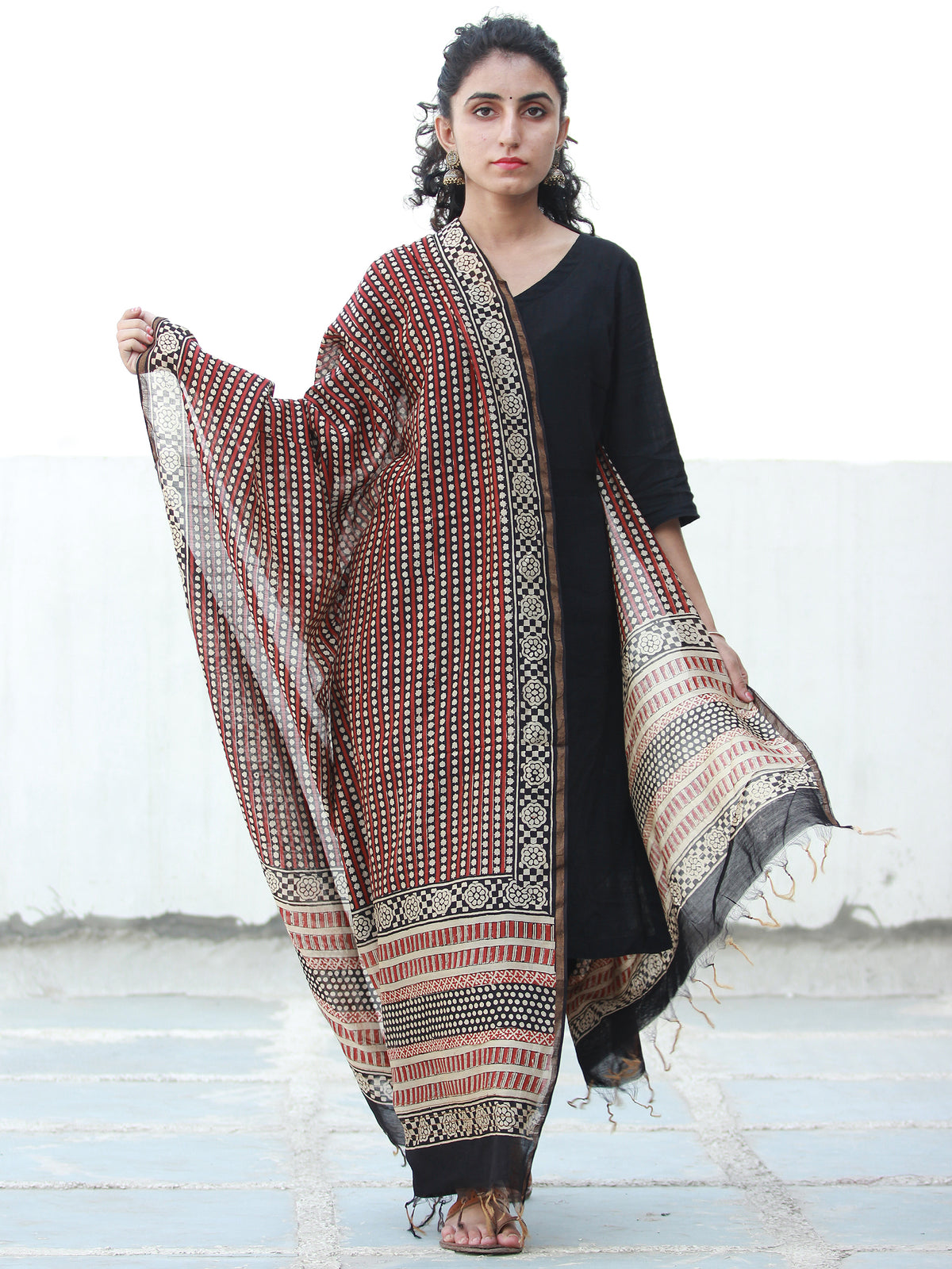Maroon Ivory Black Chanderi Hand Block Printed Dupatta - D04170505