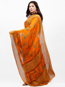 Orange Green Hand Block Printed Chiffon Saree with Zari Border - S031703290