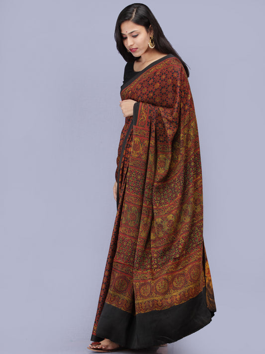 Rust Black Mustard Ajrakh Hand Block Printed Modal Silk Saree - S031704224