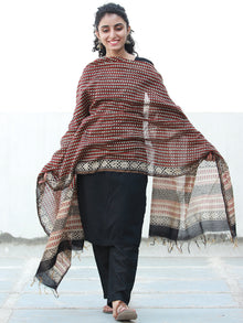 Maroon Ivory Black Chanderi Hand Block Printed Dupatta - D04170505
