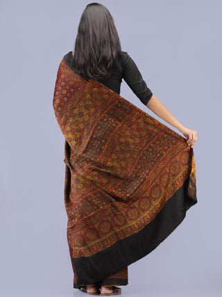 Rust Black Mustard Ajrakh Hand Block Printed Modal Silk Saree - S031704224