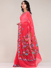 Red Aari Embroidered Georgette Saree From Kashmir - S031704678