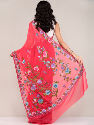 Red Aari Embroidered Georgette Saree From Kashmir - S031704678