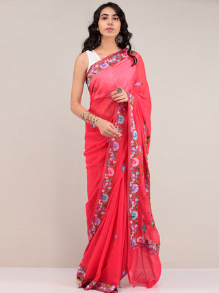 Red Aari Embroidered Georgette Saree From Kashmir - S031704678