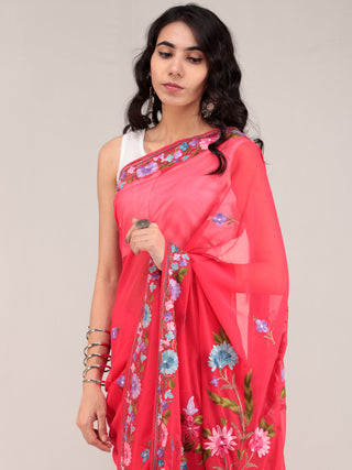 Red Aari Embroidered Georgette Saree From Kashmir - S031704678