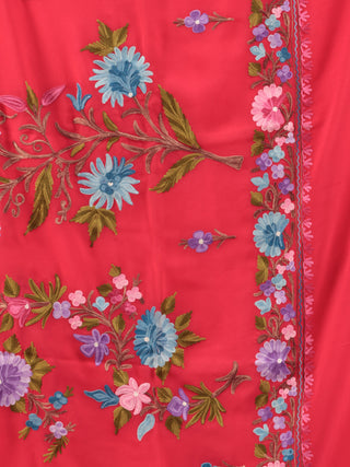 Red Aari Embroidered Georgette Saree From Kashmir - S031704678