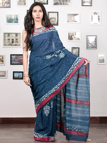 Indigo White Crimson Pink Hand Block Printed Cotton Mul Saree With  Hand made Tassels  - S031703019
