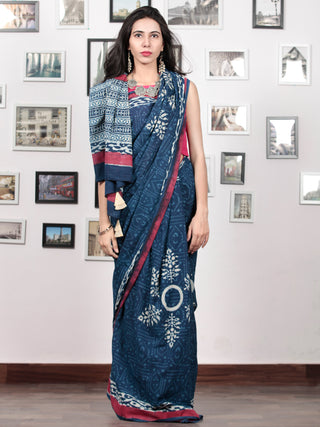 Indigo White Crimson Pink Hand Block Printed Cotton Mul Saree With  Hand made Tassels  - S031703019