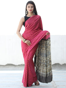 Pink Yellow Black Indigo Bandhej Modal Silk Saree With Ajrakh Printed Pallu & Blouse - S031703875