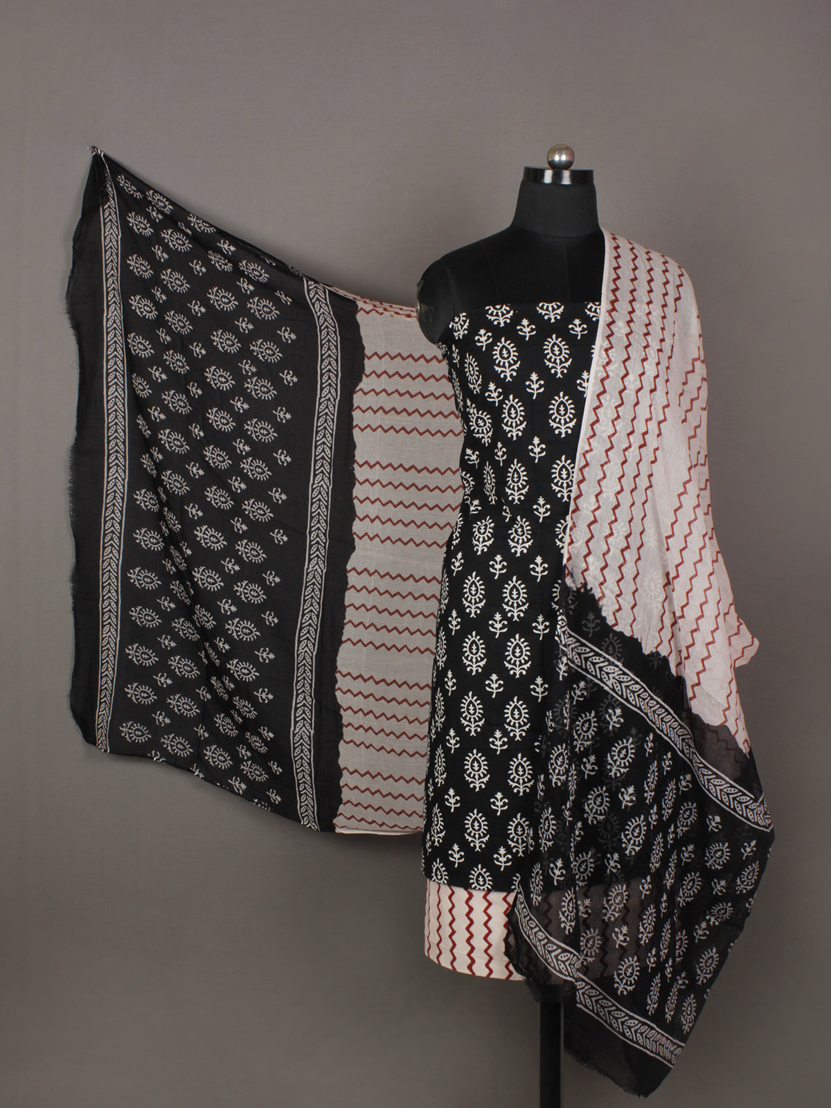 Black White Maroon Ivory Hand Block Printed Cotton Suit-Salwar Fabric With Cotton Dupatta - S1628192