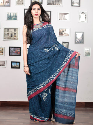 Indigo White Crimson Pink Hand Block Printed Cotton Mul Saree With  Hand made Tassels  - S031703019
