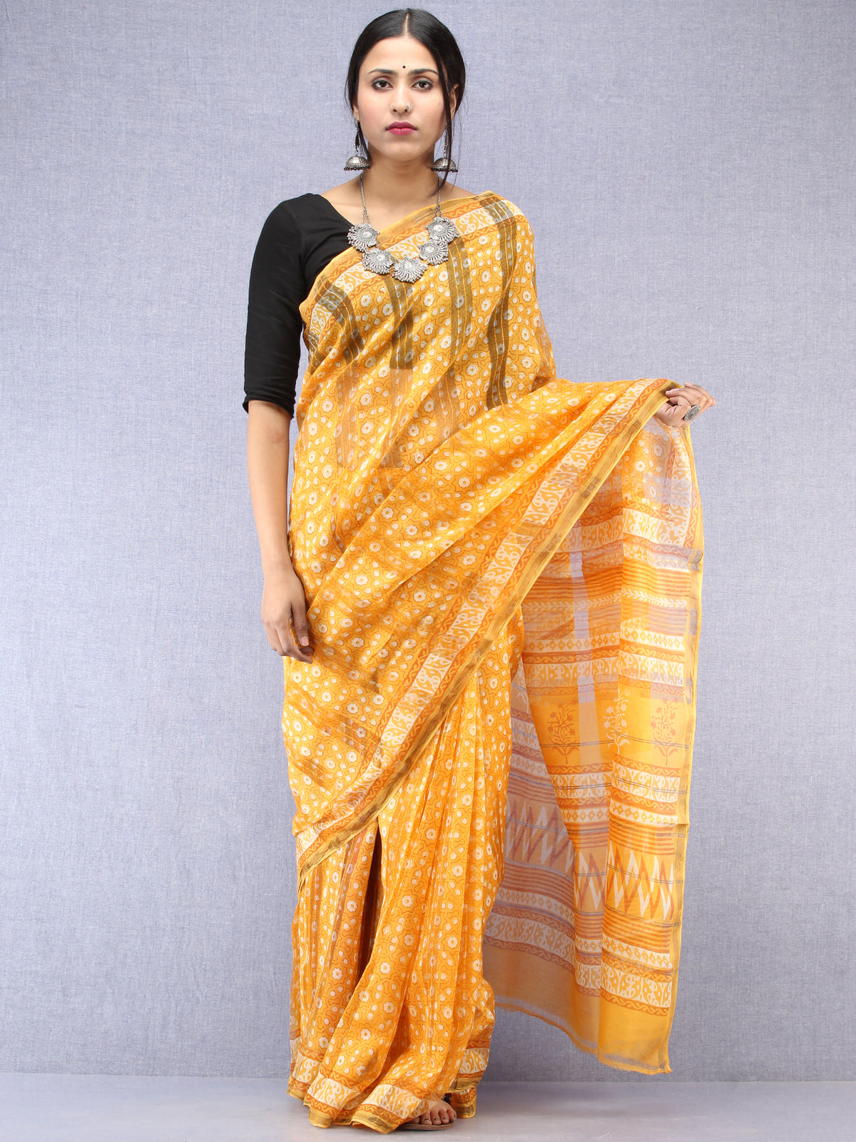 Yellow Ivory Maheshwari Silk Hand Block Printed Saree With Zari Border - S031704483