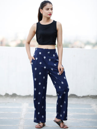 Navy Blue Ivory Hand Woven Ikat Cotton Pants - P11F1574