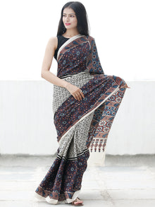 Off White Black Indigo Maroon Ajrakh Hand Block Printed Modal Silk Saree in Natural Colors - S031703698