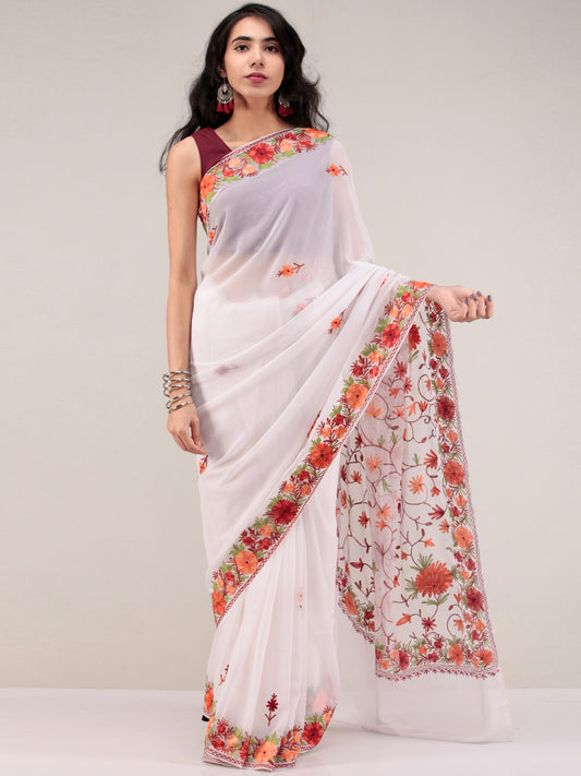 White Aari Embroidered Georgette Saree From Kashmir - S031704627