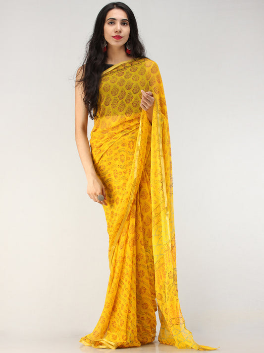 Yellow Red Green Hand Block Printed Chiffon Saree with Zari Border - S031704621