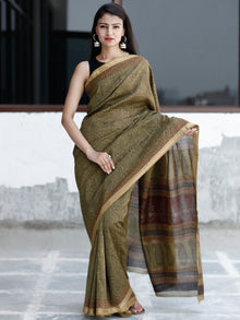 Olive-Green-Rust- Black Bagh Hand Block Printed Maheswari Silk Saree With Resham Border - S031703830