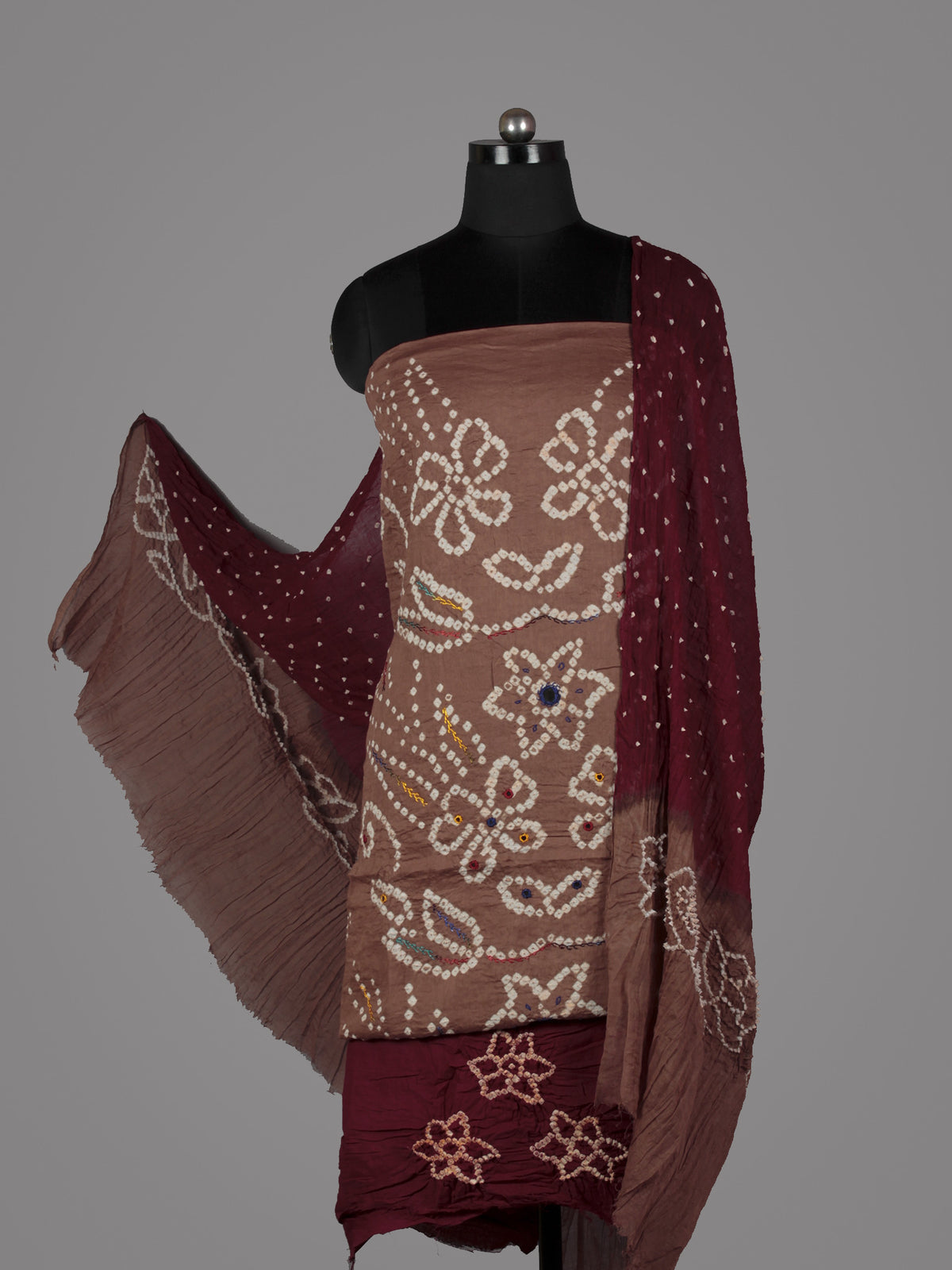 Peanut Brown Maroon White Hand Tie & Dye Bandhej Suit Salwar Dupatta (Set of 3) With Hand Embroidery & Mirror Work - S16281245