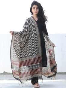 Beige Black Red Chanderi Hand Block Printed Dupatta - D04170450
