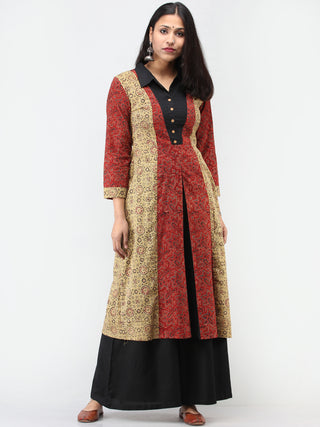 Olive Green Red Black Ajrakh Hand Block Printed Cotton Kurta   - K208F1581