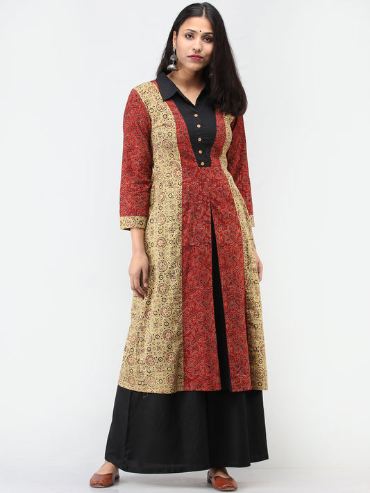 Olive Green Red Black Ajrakh Hand Block Printed Cotton Kurta   - K208F1581