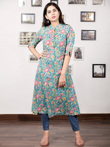 Green Pink Yellow Hand Block Printed Kurta - K82F1486