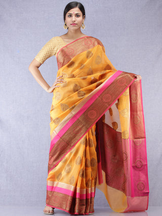 Banarasee Super Net Saree With Zari Work - Yellow Pink & Gold - S031704311