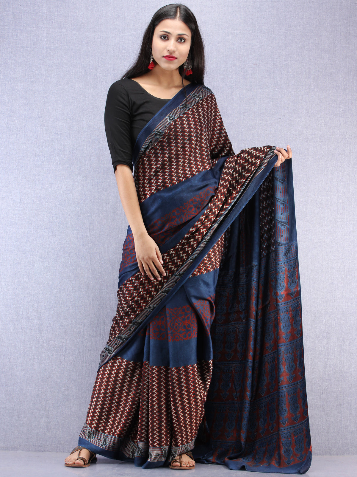 Indigo Maroon Beige Ajrakh Hand Block Printed Modal Silk Saree - S031704447