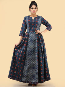 Nafesa - Hand Block Printed Long Cotton Dress With Embroidered Yoke  - D386F2065