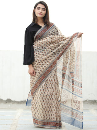 Ivory Red Indigo Hand Block Printed Kota Doria Saree  - S031704072