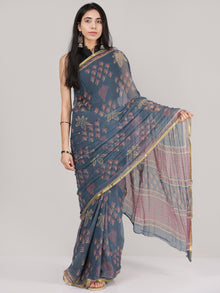Steel Grey Pink Yellow Hand Block Printed Chiffon Saree With Zari Border - S031704686