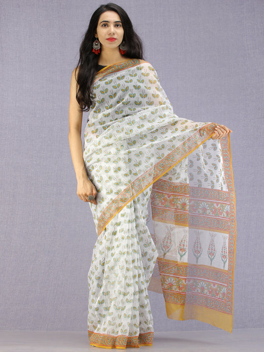White Green Mustard Hand Block Printed Kota Doria Saree - S031704587